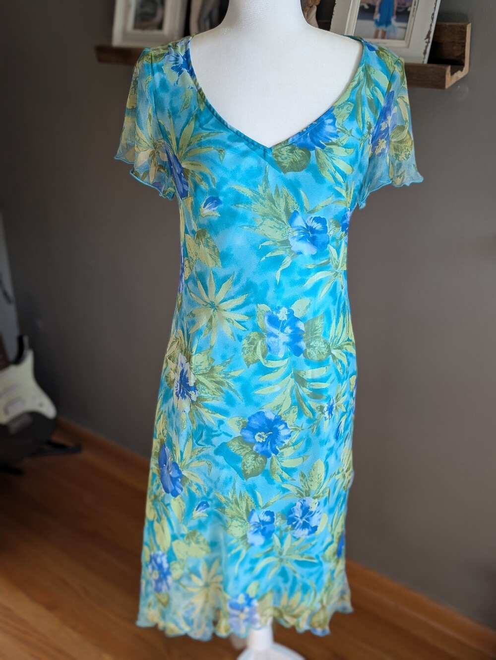 Vintage Y2K  Robbie Bee 100% Silk Tropical Floral Dress Size 12 Blue Fairycore
